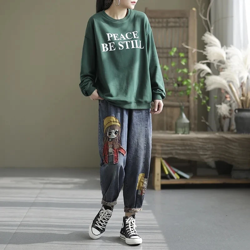Autumn Retro Embroidered Cartoon Girl Denim Trousers Women's Fashion Streetwear High Waist Patchwork Trousers Christmas Jeans