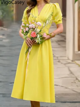 VigoCasey 2025 Female Sexy Solid Evening Dress Women Summer Short Sleeve Casual Long Dress Lady V Neck Ruffle Tight Club Dresses