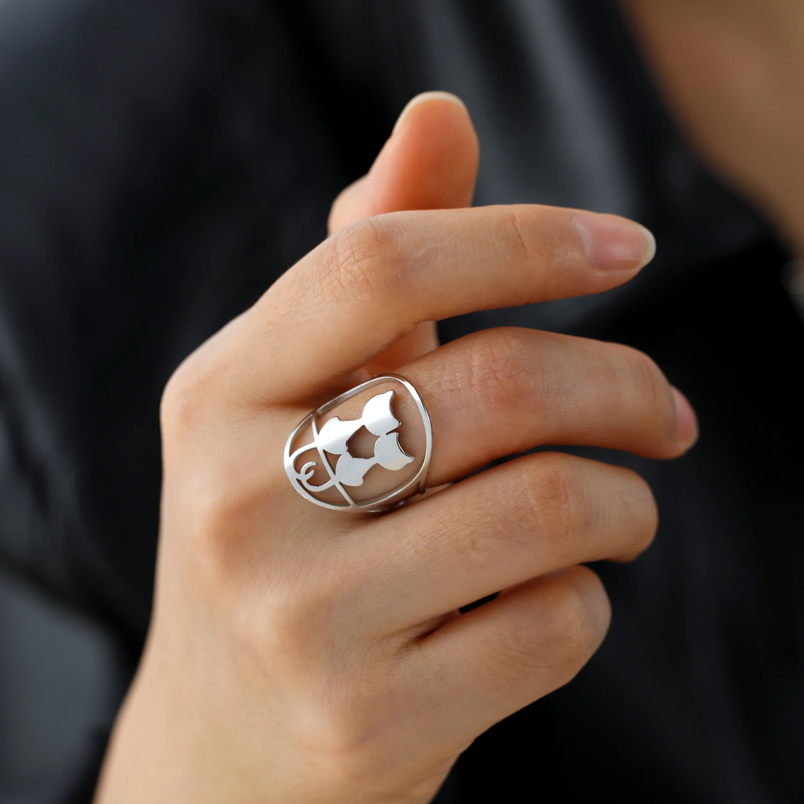 Full Moon Cat Ring for Girl Out Cute Kitten Ring Fashion Stainless Steel Jewelry - PeticaDeals