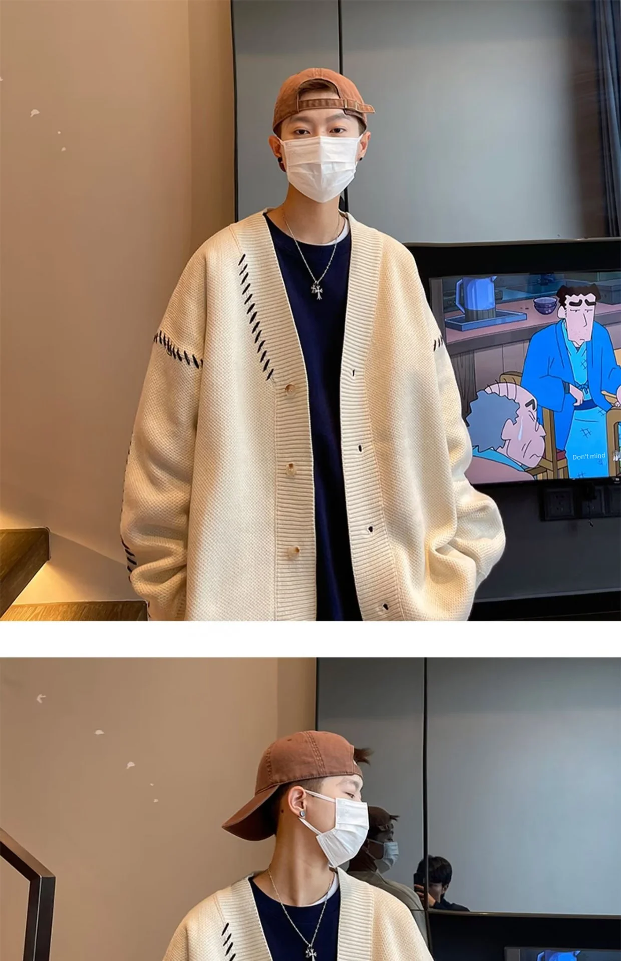 Description Picture 3 of itemMen's Soft Supple Idle Style Knitted Sweater Loose-fit V-neck Long Sleeve Preppy Style Jacket For Autumn/winter