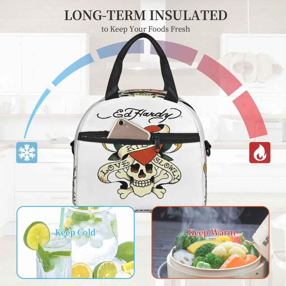 Ed Hardy Love Kills 여성용 느린 단열 도시락 가방 사무실 쿨러 열 상자 토트 휴대용 도시락 상자