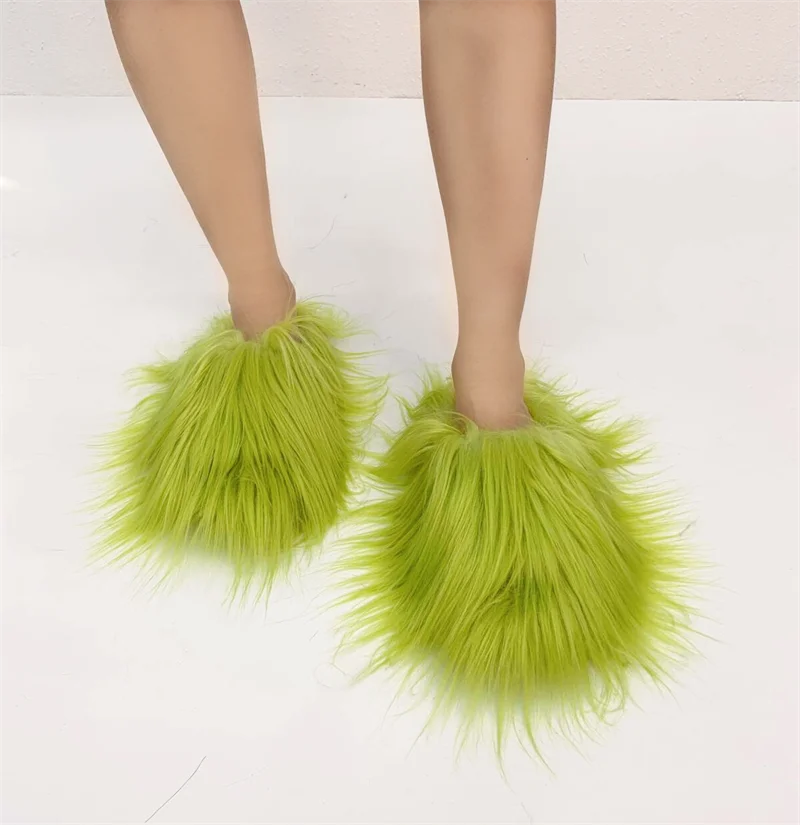 Women's Real Fur Slides - Open Toe Furry Slippers, Single Strap Sandals, Multicolor