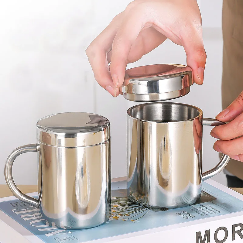 أكواب قهوة من الفولاذ المقاوم للصدأ بطبقة مزدوجة مضادة للحرق مع غطاء ومقبض، كوب قهوة وشاي، مكتب السفر