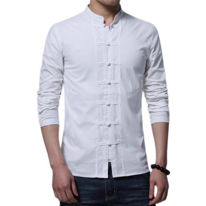 

Long Sleeve Stand Collar Cotton & Linen Men Casual Shirts Spring Chinese Style Frog Closures Solid Color Shirt White / Black