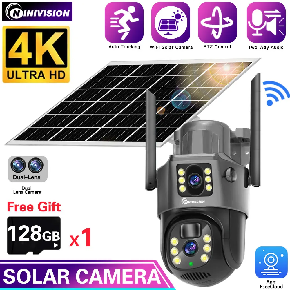 4K 8MP Auto Tracking CCTV WiFi PTZ IP Camera Built-in Battery Solar Powered Dual Lens Wireless outdoor Wifi Surveillance Camera 4g 8mp dual lens ptz battery solar camera 4k dual screens pir human tracking outdoor wifi security cctv surveillance ip camera