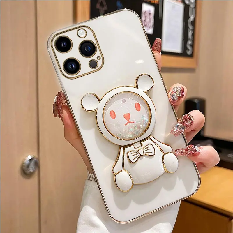 Coque de téléphone avec support de téléphone, miroir de sable mouvant, ours mignon, pour iPhone 14 11 12 13 Pro Mini 8 7 6 6S Plus 10 X Xr Xs Max Se_voghion.com