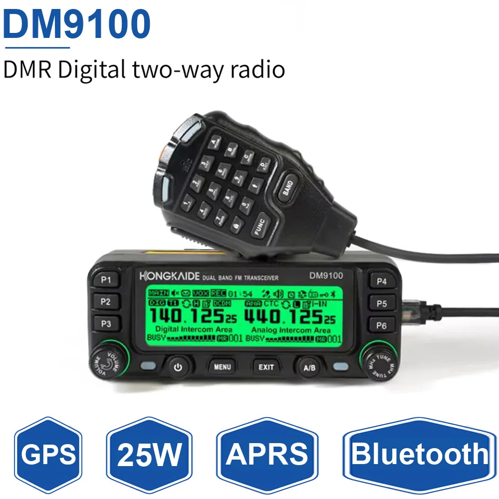 Hongkaide DM9100 DMR Digital Radio with GPS APRS Bluetooth VHF UHF Dual Time Slots 25W High Power Long Range Walkie Talkie