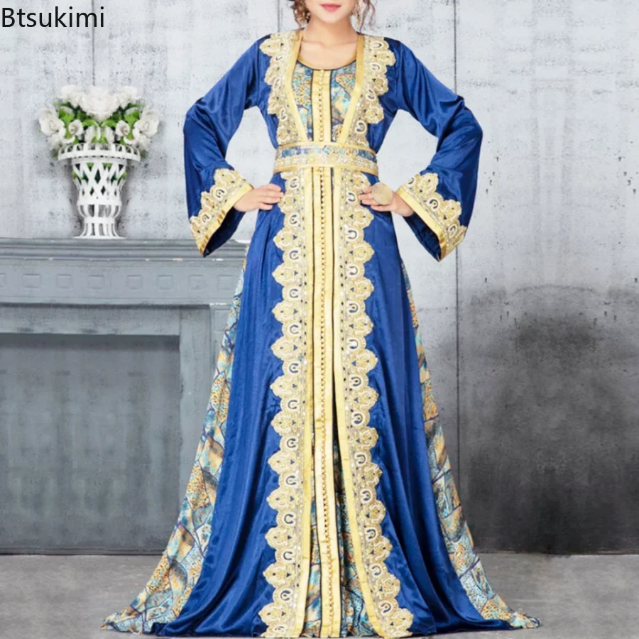 

Muslim Maxi Dress Women Robes Full Sleeve Square Collar Middle East Printing Elegant Abayas Turkey Muslim Dress Ladies Dresses