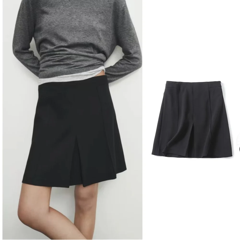

2023 new casual fashion pleated design mid-waist black elegant mini skirt