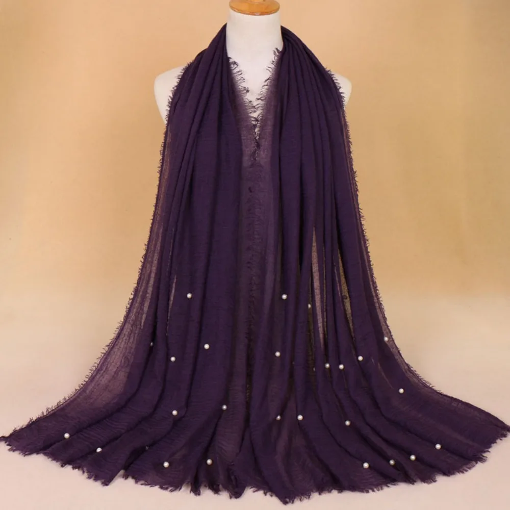 

New Pearl Cotton Linen Tassels Scarf for Women Autumn Retro Edge Sunscreen Scarves Soft Foulard Female Wrap Shawls