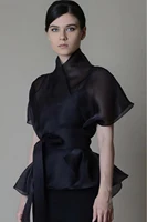 Organza Mesh Blouse for Women Stand Collar Lace-up See Through V-Neck VCasual Elegant Office Lady Half Sleeve Blouse Top - Image 2