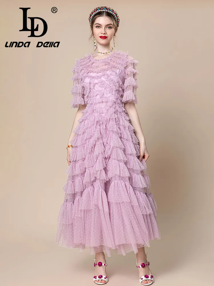 

LD LINDA DELLA Summer Cheap Casual Dress Women's Purple Short Sleeve Wave point Slim Fit Cascading Ruffle Lace Splice Long Dress