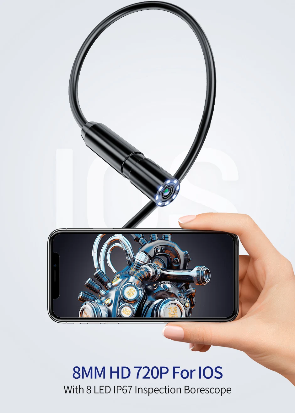 8mm Endoscope Camera For iPhone iPad IOS & Android Type-c Led Light IP67 Borescope Industry Inspection Camera With Semi-Rigid 4