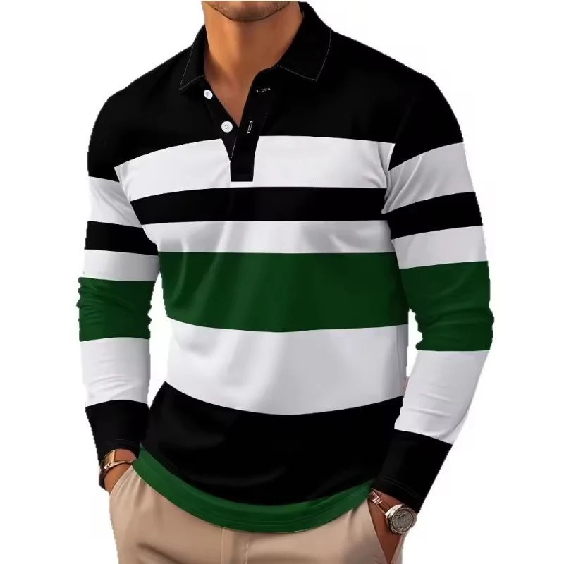 Polo a maniche lunghe a righe multicolori alla moda per uomo, camicia casual elegante con colletto slim fit per tutti i giorni - immagine 2