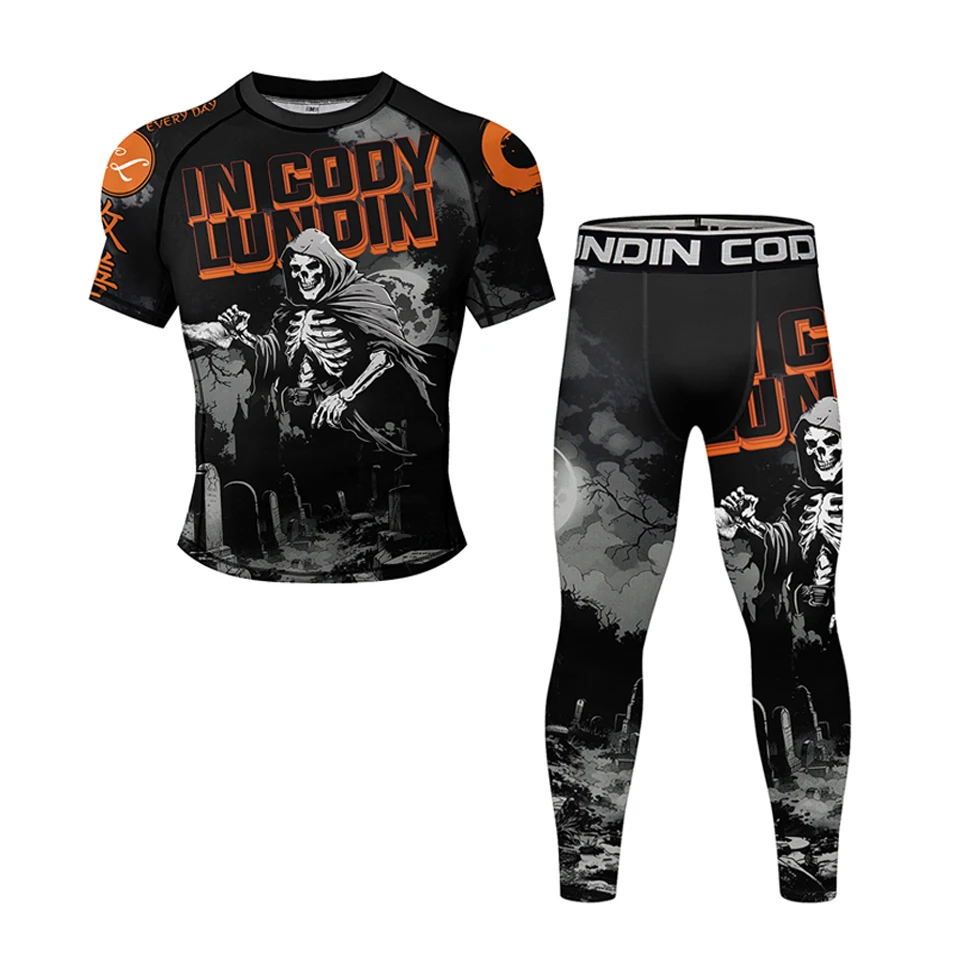 New Skull Men Rashguard Jiu Jitsu MMA T-shirt+Shorts Set Bjj Kickboxing Grappling Boxing Jerseys Muay Thai Rash Guard Sportswear
