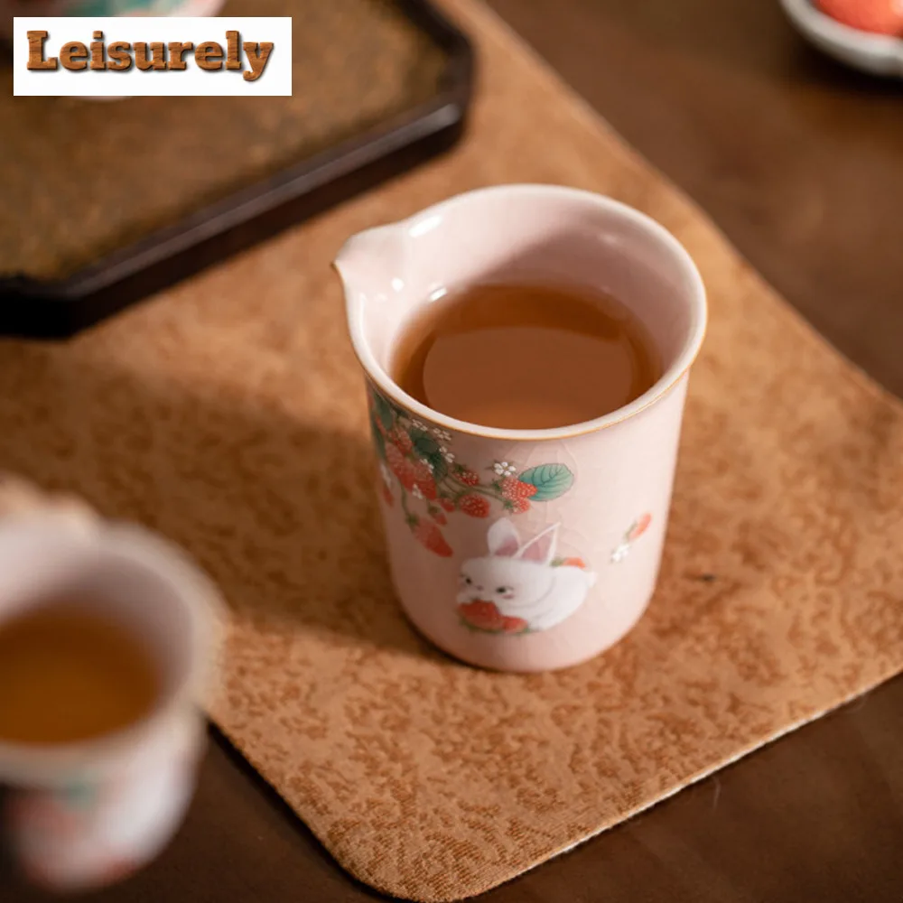 230ml Handmade Pink Ru Kiln Tea Pitcher Retro Strawberry Rabbit Tea-separating Cha Hai Household Justice Cup for Tea Supplies