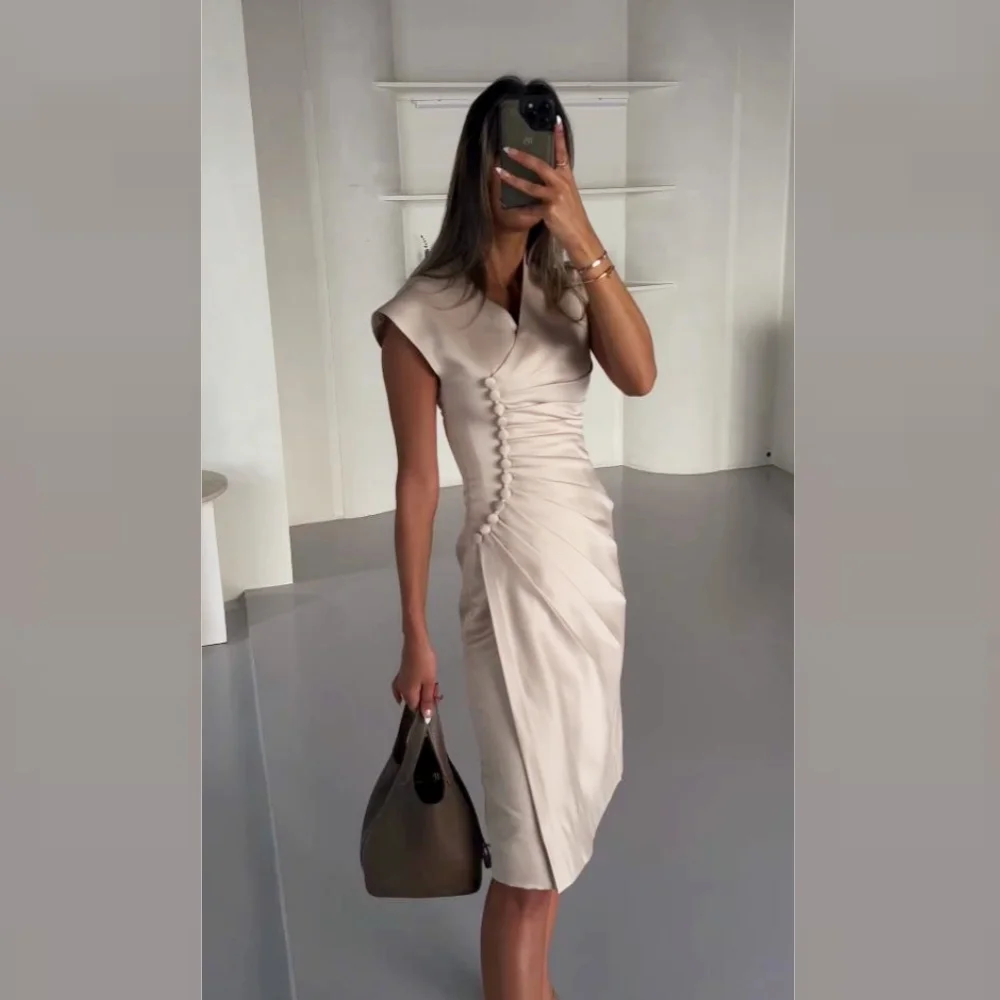 Sparkle High Quality Exquisite Jersey Pleat Button Draped Wedding Party A-line V-Neck Bespoke Occasion Gown Knee Length Dresses