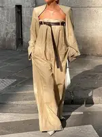 Bonboho Women 2025 Fashion Suit Collarless Long Sleeve Outerwear Top and Wide Leg Jumpsuit Spring Summer Casual Streetwear Suit - Image 2