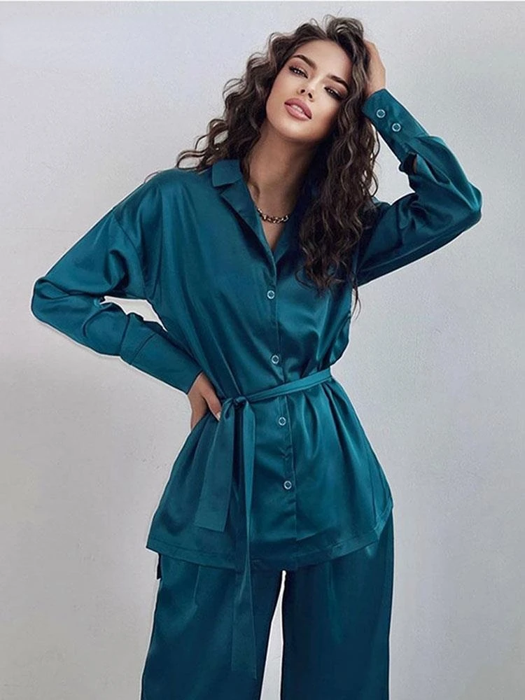 Casual Loose Lace Up Shirt Trousers Two Piece Set Women Lapel Long Sleeve Buttons Shirt+pants Suit Female Elegant Clothing Sets new korean all match slim denim trousers classic ankle length women pants vintage high waist three buttons skinny pencil jeans