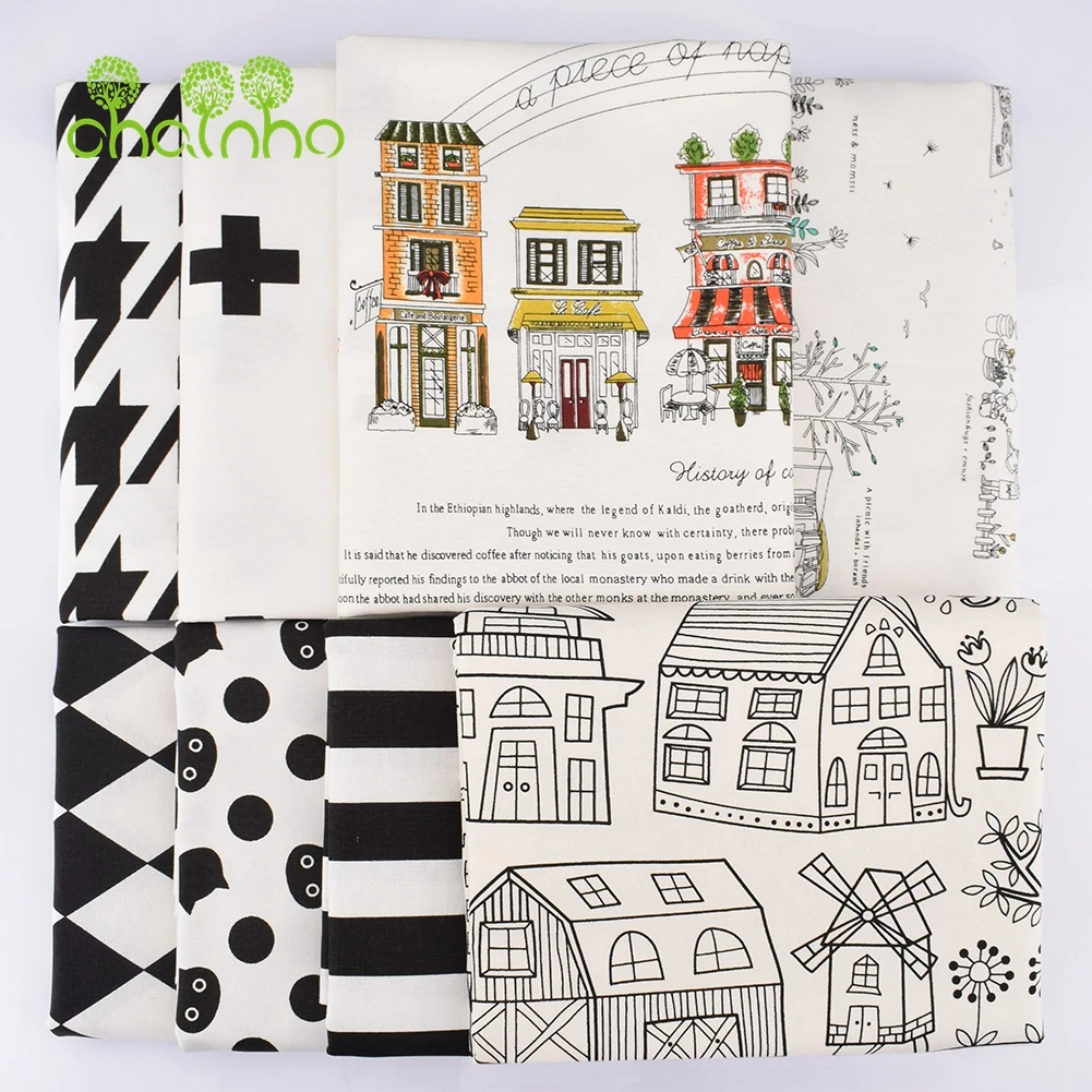 Chainho,Printed Cotton Linen Fabric,DIY Quilting Sewing Material,Patchwork Cloth,Black & White Series,2 Sizes,15CLA6