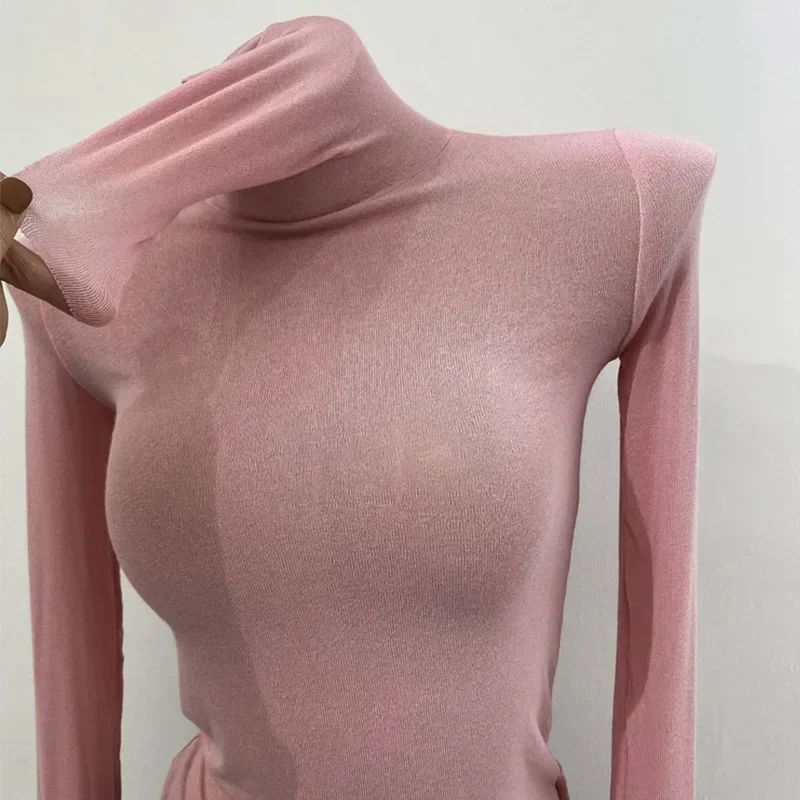 Thin Soft American Long Sleeve T-shirt High Stacked Neck Tight Perspective Bottom Shirt Women's Slim Fit Tops Sexy Streetwear