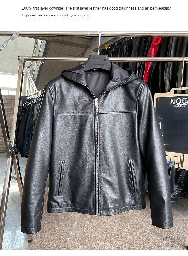 Description Picture 4 of itemGenuine Leather Jackets for Men Pure Cowhide Hooded Coat Male Motorcycle Jacket Casual Single Clothing Man Spring Autumn