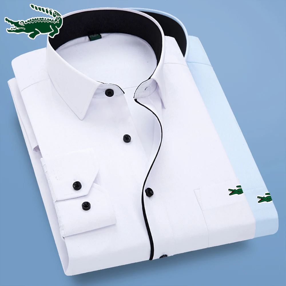 

Luxury Brand No need to iron Business Shirt Mens Long Sleeve solid color Casual Shirts Male Pocket Regular-Fit Work Man Shirt