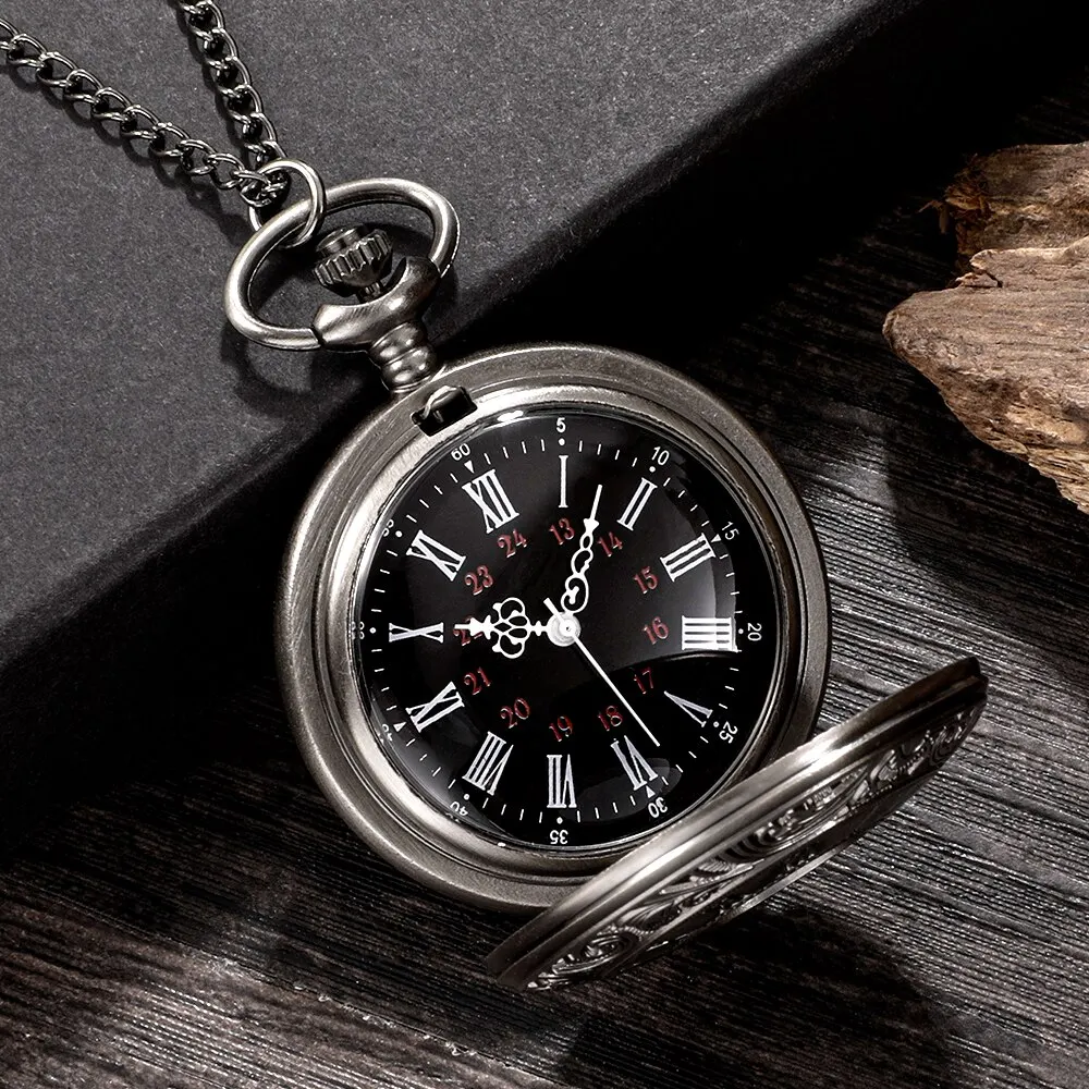 Quartz Watch Roman Numerals Pocket Watch Men Women Hollow Case Steampunk Vintage Pendant Necklace