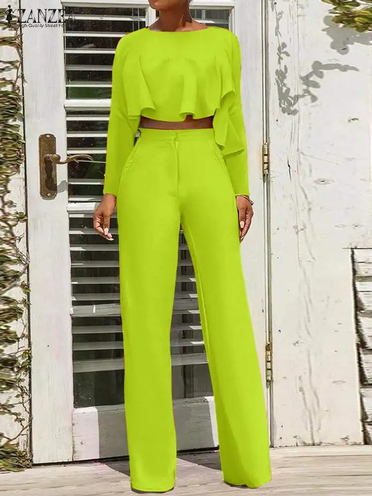 

ZANZEA Fashion Ruffled Irregular Top Outfits 2023 Autumn Women Pant Sets Holiday High Waist Trouser Set Y2K Sexy Solid 2pcs Suit