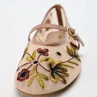 New Mesh Breathable Ballet Flats Women Luxury Designer Embroidered Flower Mary Jane Shoes Light Comfort Low Heeled Summer Flats 1