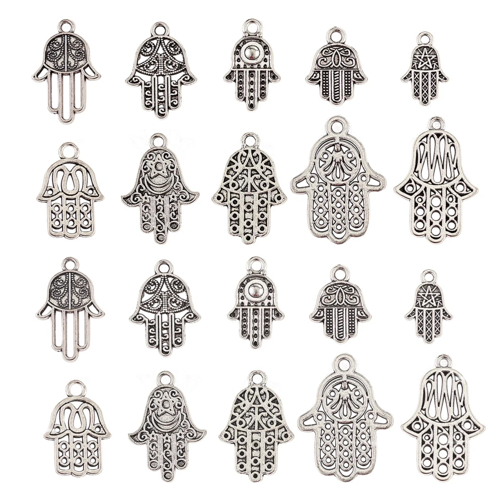 

PandaHall 100pcs 10 Styles Jewish Charms Alloy Tibetan Hand of Fatima Charms Hand Charms for Jewelry Making Bracelets Bulk
