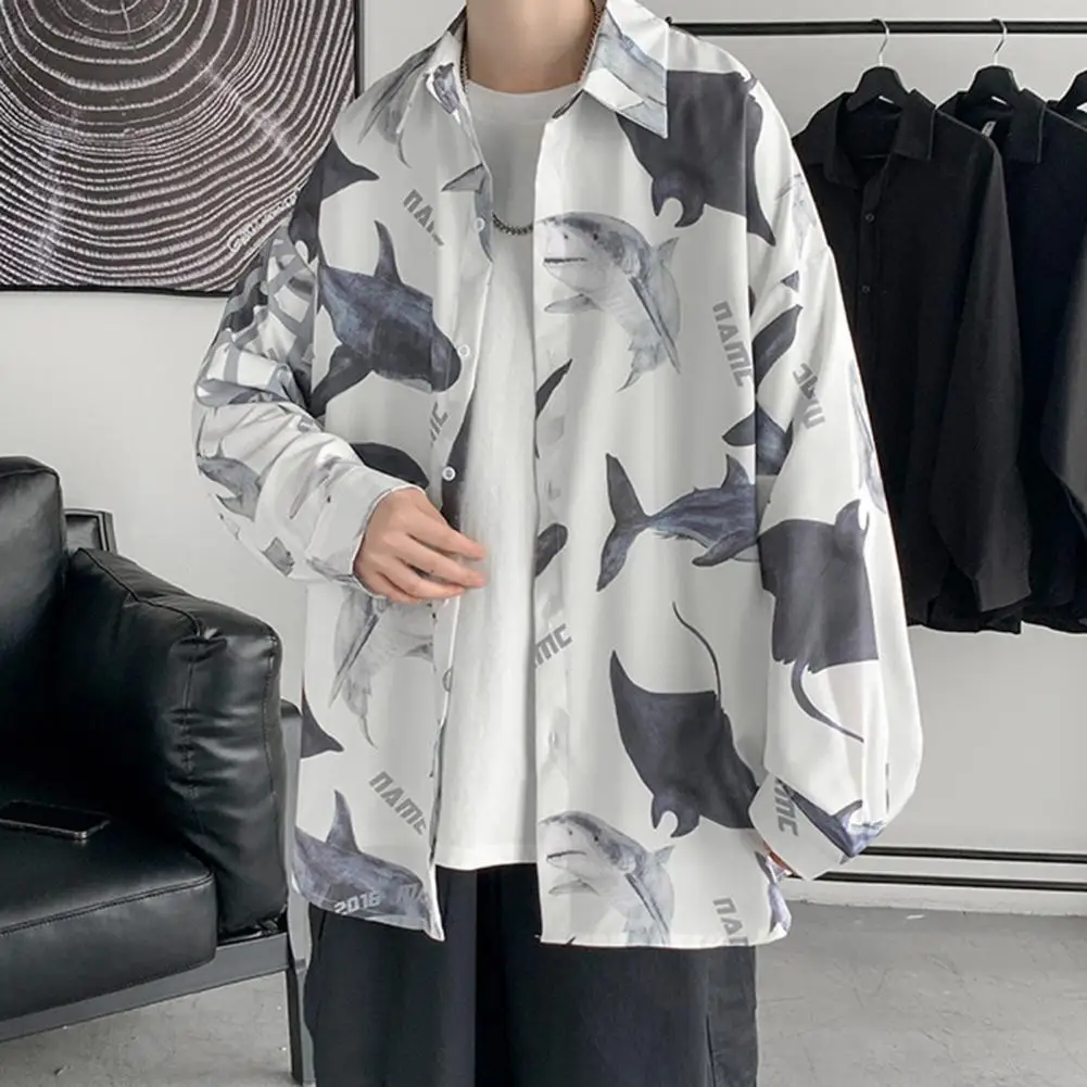 

Men Loose Fit Shirt Print Men's Shirt with Single-breasted Closure Turn-down Collar for Streetwear Vacation Style Men Shirt