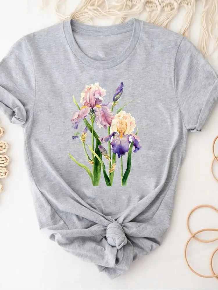 Women Clothing Print Gray T Shirt Short Sleeve Summer Top Plant Flower Trend Fashion Clothes Basic Tee Graphic T-shirt