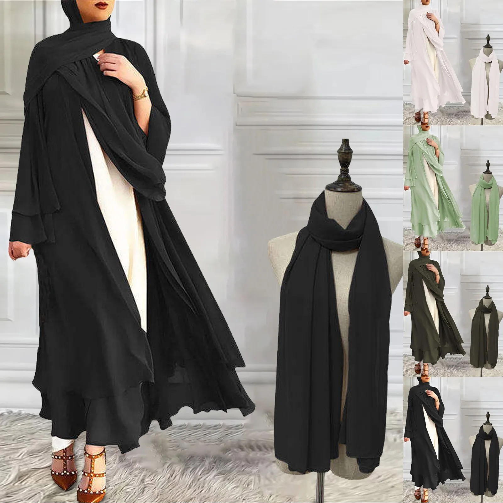 

Women's Muslim Caedigan Belt Outwear Shirt Soft And Elegant Chiffon Solid Layered Cardigan Loose Long Cardigan