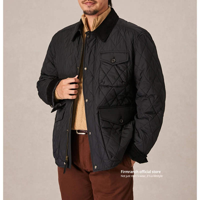 Firmranch Amekaji British Vintage Retro Cotton-padded Rhomboid Quilted Jacket Corduroy Lapel Coat Autumn Winter Blazer Men Women 5