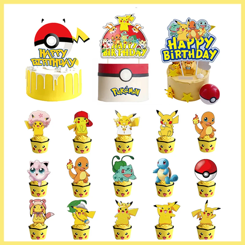 Pokemon Birthday Party Cake Toppers Support Rim Pikachu Cupcake Insert Cards Kids Baking Party Supplies Dessert Table Decoration
