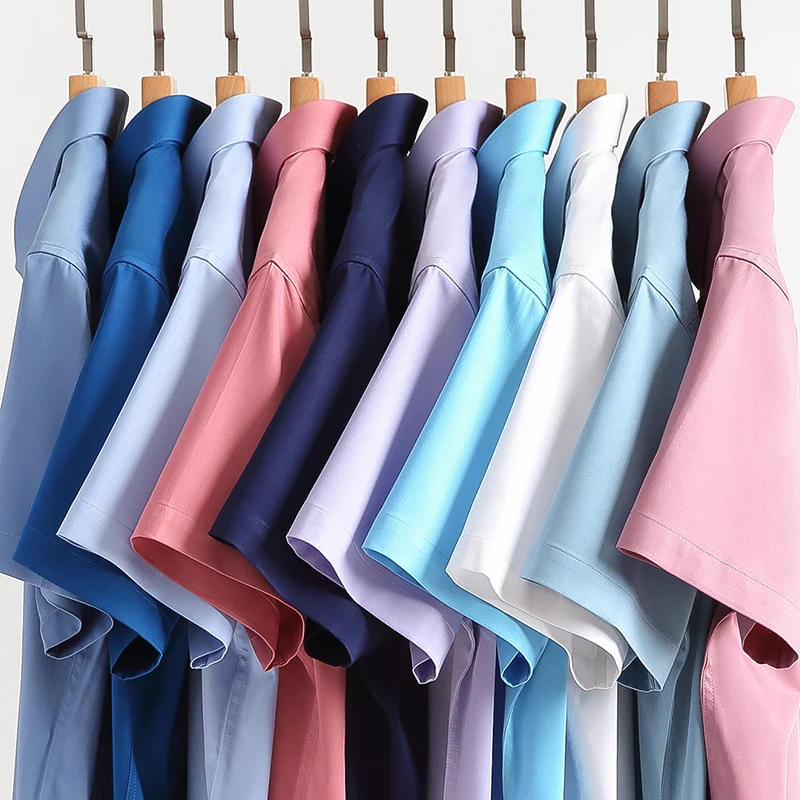 Bamboo Fiber Men Short Stretch Solid Dress Shirts Regular Fit Formal Business Social Camisas Short Sleeve