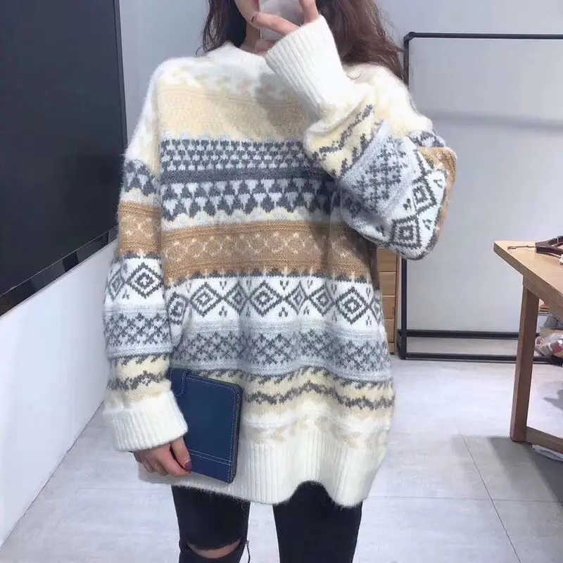 JMPRS Pullover Women Sweater Vintage Loose Casual Geometric Retro Lazy Female Harajuku Korean Style Knit Jumper Ulzzang Chic Top cable knit sweater Sweaters