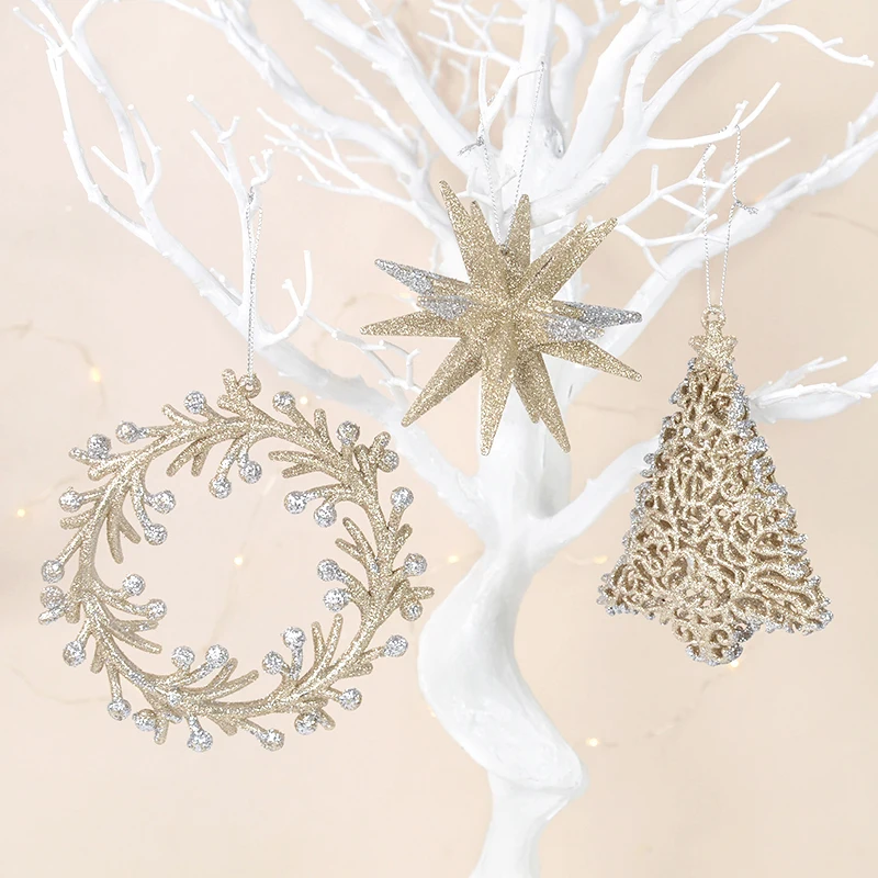 Christmas Tree Oranments Glitter Snowflake Xmas Tree Wreath Hanging Pendants for Merry Christmas Decoration Happy New Year Gifts