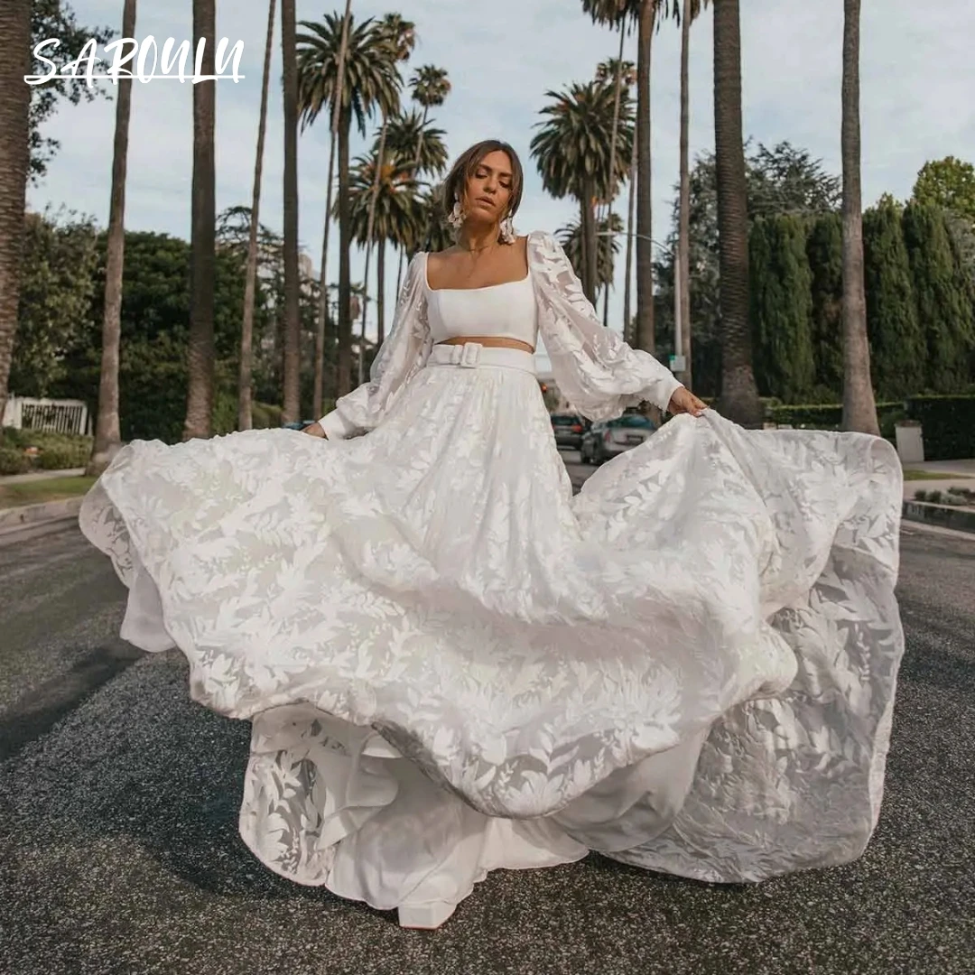 

Two Pieces Boho Bridal Dress With Bell Sleeves A-line Lace Wedding Dress Elegant Square Neckline Bride Dresses Court Train 2023