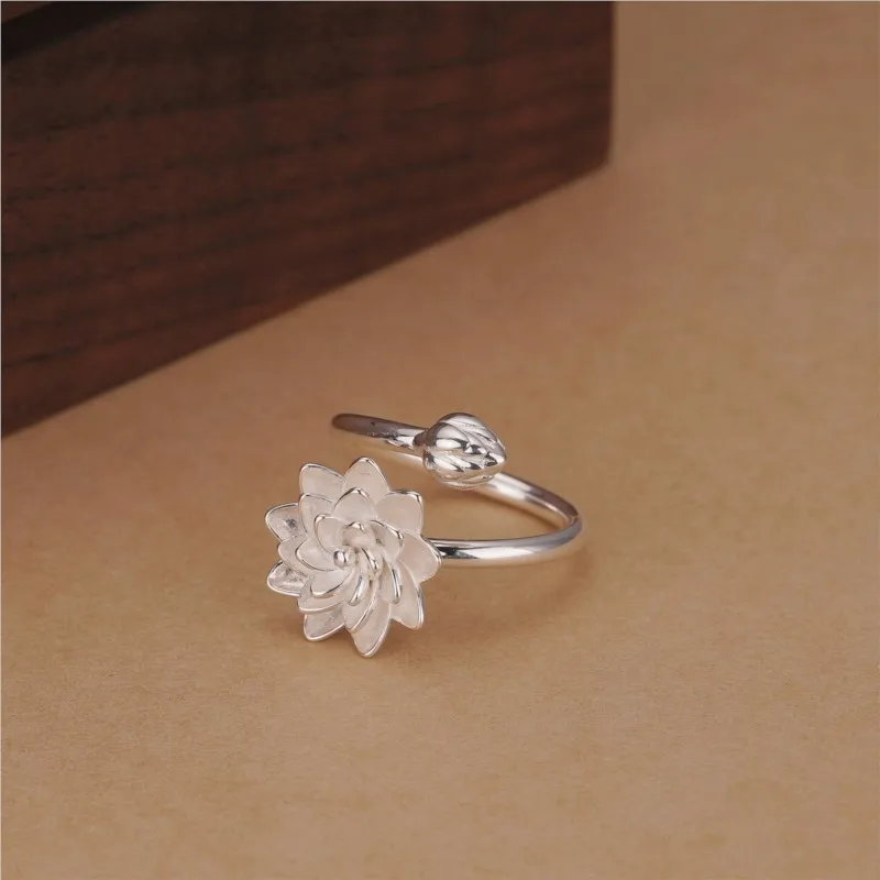 Plain Silver Color White Lotus Rings for Women New Trend Temperament Adjustable Ring Jewelry Gifts