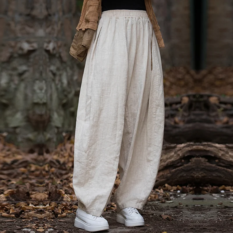 Vintage  Yoga Clothes Cotton  Linen Women High Waist Pants Baggy Loose  Large Oversized Size Women's Cargo Trousers Wide Leg