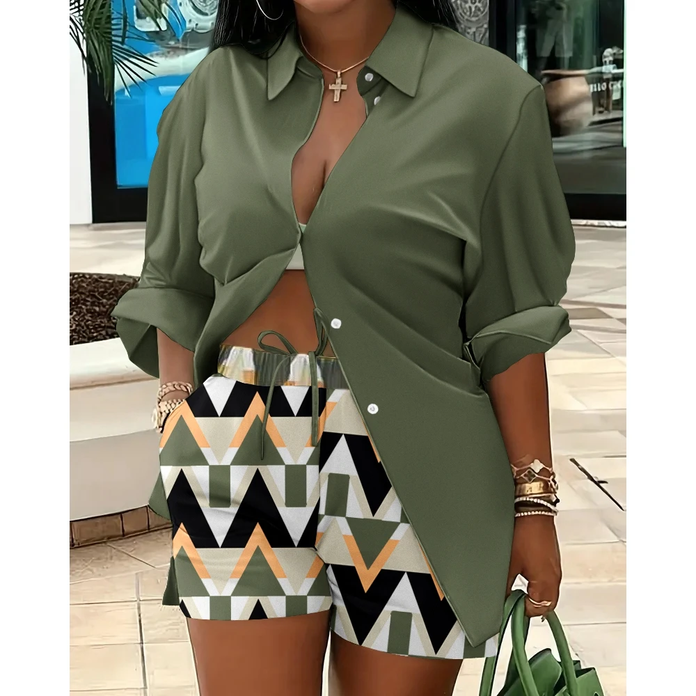 Женский Повседневный костюм с топом на пуговицах и шортами с геометрическим принтом, комплект из двух предметов с длинным рукавом и шортами на завязках, уличная одежда, лето 2023