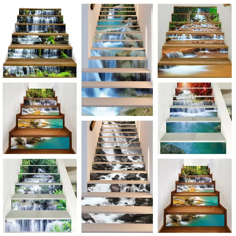 6pcs 13pcs/Set Landscape Waterfall Stair Floor Stickers Waterproof Removable Self Adhesive Diy Stairway Decals Murals Home Decor