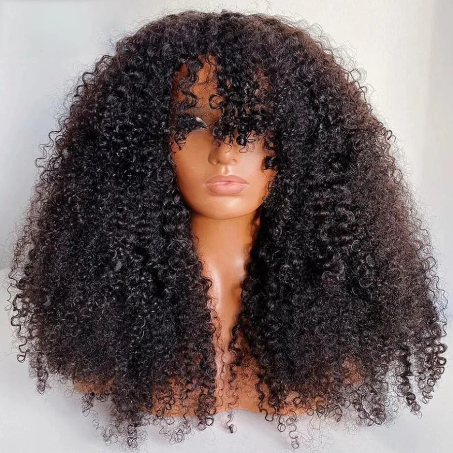 

Soft Natural Black 26 Inch Long Kinky Curly Machine Wig With Bangs For Black Women High Temperature Fiber Cosplay Glueless Daily