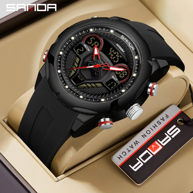 SANDA New Product Dual Display Watch For Men Multifunctional Fashion Sports Watch Luminous LED Electronic Watch Waterproof Clock 3 in 1 car temperature clock high precision electronic vehicle luminous parts gauge clock interior voltmeter digital temper b3x8