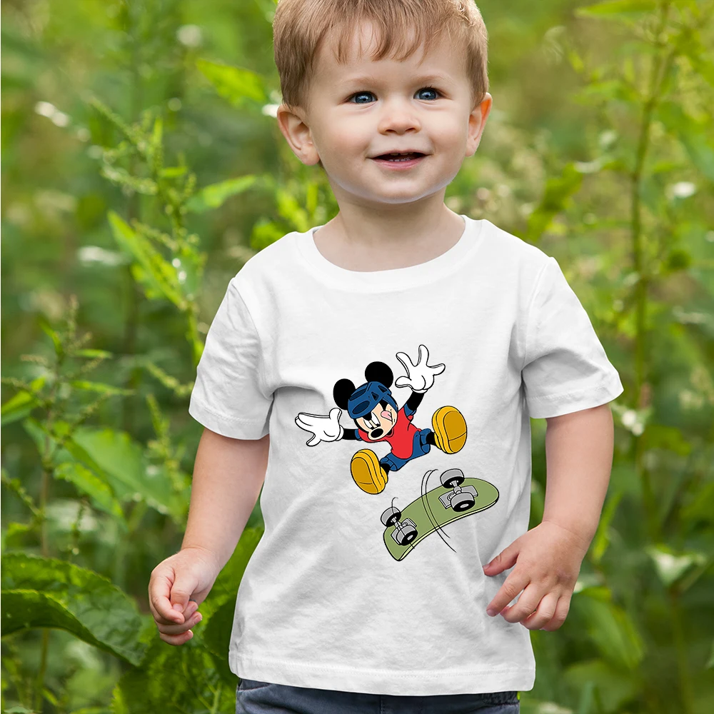 

0 To 12 Years Old Disney Brand T-Shirt Mickey Mouse Creative Pattern Children's White Round Neck Short SleeveStyle TopBreathable