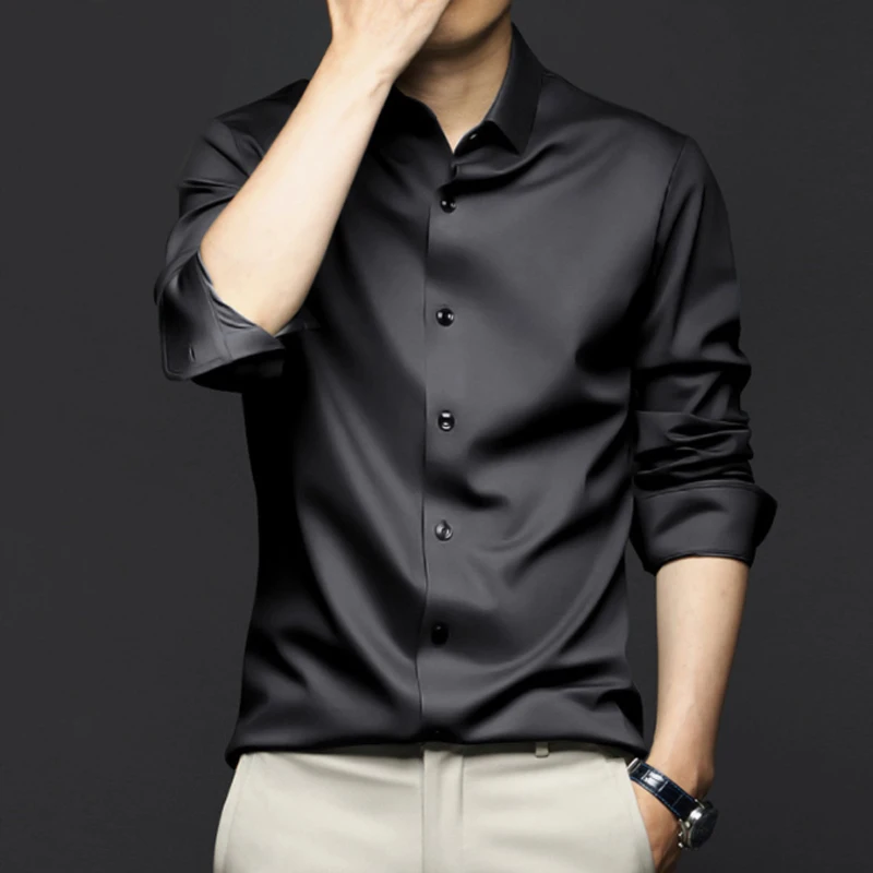 

6XL Spring and Summer Formal Men's Long Sleeve Shirt Luxurious Wrinkle-resistant Solid Color Business Casual