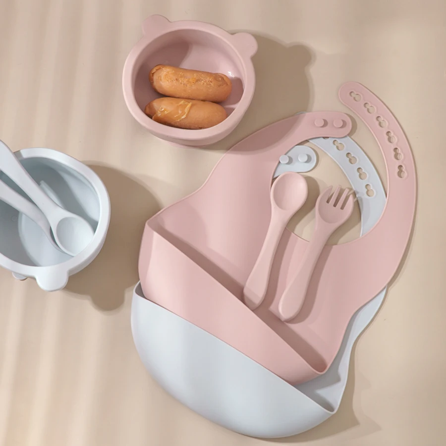 Mamaplan Baby Silicone Feeding Dishes Plate Sucker Bowl Waterproof Bib Solid Color Spoon Fork Children's Tableware Baby Stuff 6