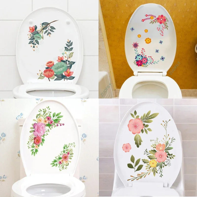 Ceative Floral Flower Toilet Stickers Mural Self-adhesive Removable Bathroom Decoration Sticker Cabinet Decors 1 Pc PVC Decal